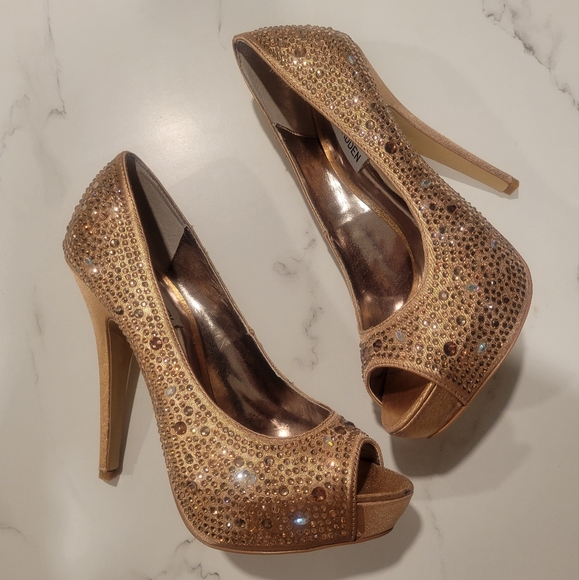 Steve Madden Cycile Rose Gold Pumps Heels Platform Rhinestone Stacked Peep Toe - Picture 2 of 11